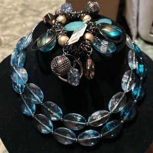 Blue necklace and Gun Metal Charm Stretch Bracelet